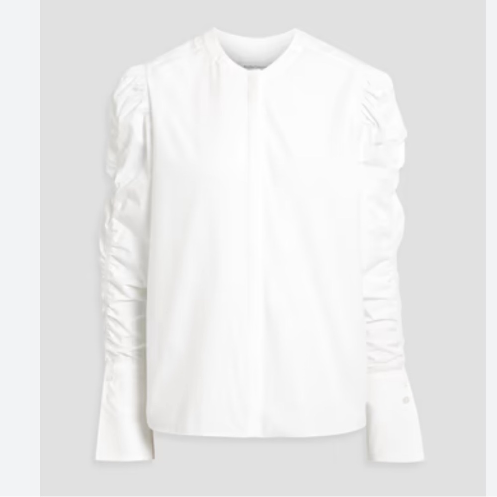 Tibi White Ruched Long Sleeve Blouse with Mandarin Collar- worn 1-2x. Retail 295